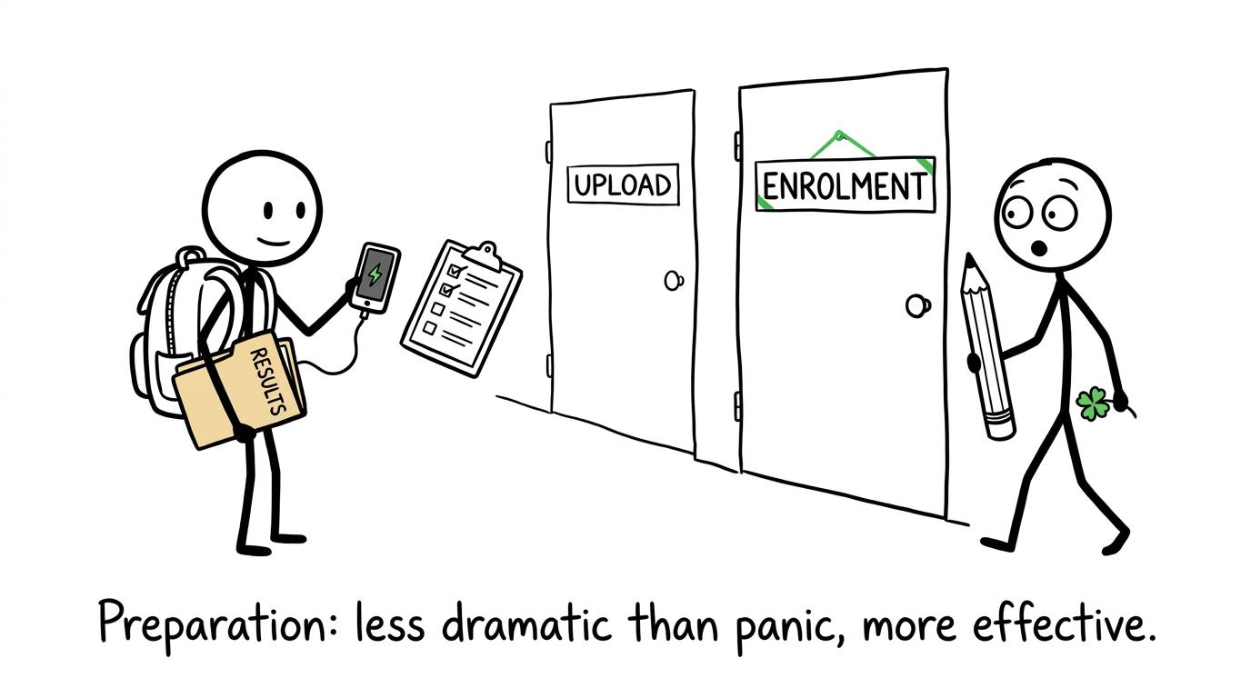 A prepared student carries results and a checklist while another arrives with only a lucky pencil