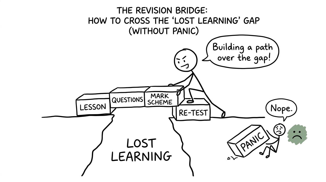 A student builds a revision bridge from lessons, questions, marking and retesting
