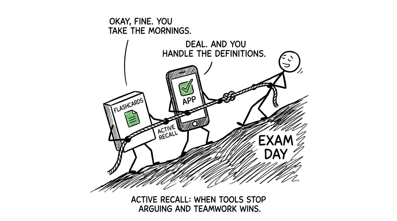 Paper flashcards and a phone app cooperate using active recall