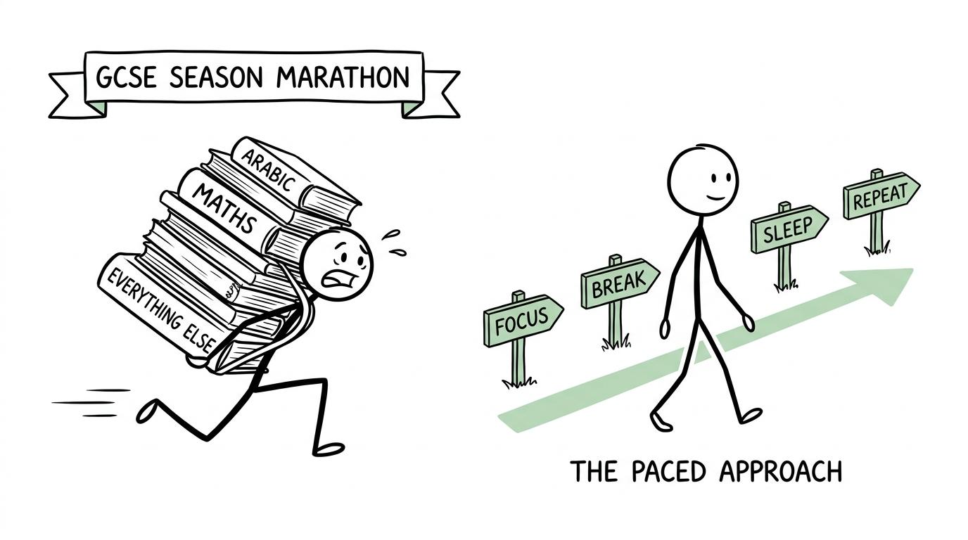 One student sprints towards GCSE season while another follows a sustainable focus, break, sleep and repeat route