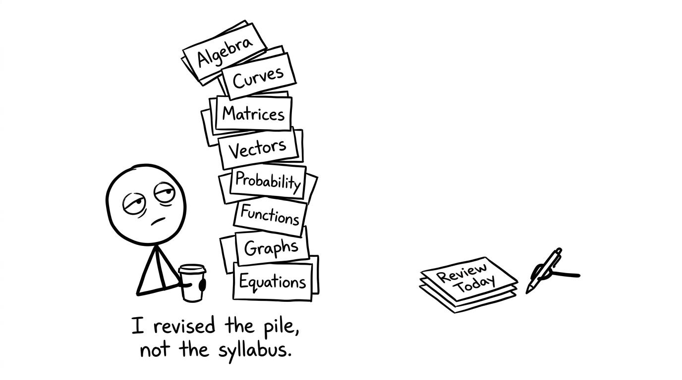 A student choosing a sensible review pile instead of an enormous flashcard tower