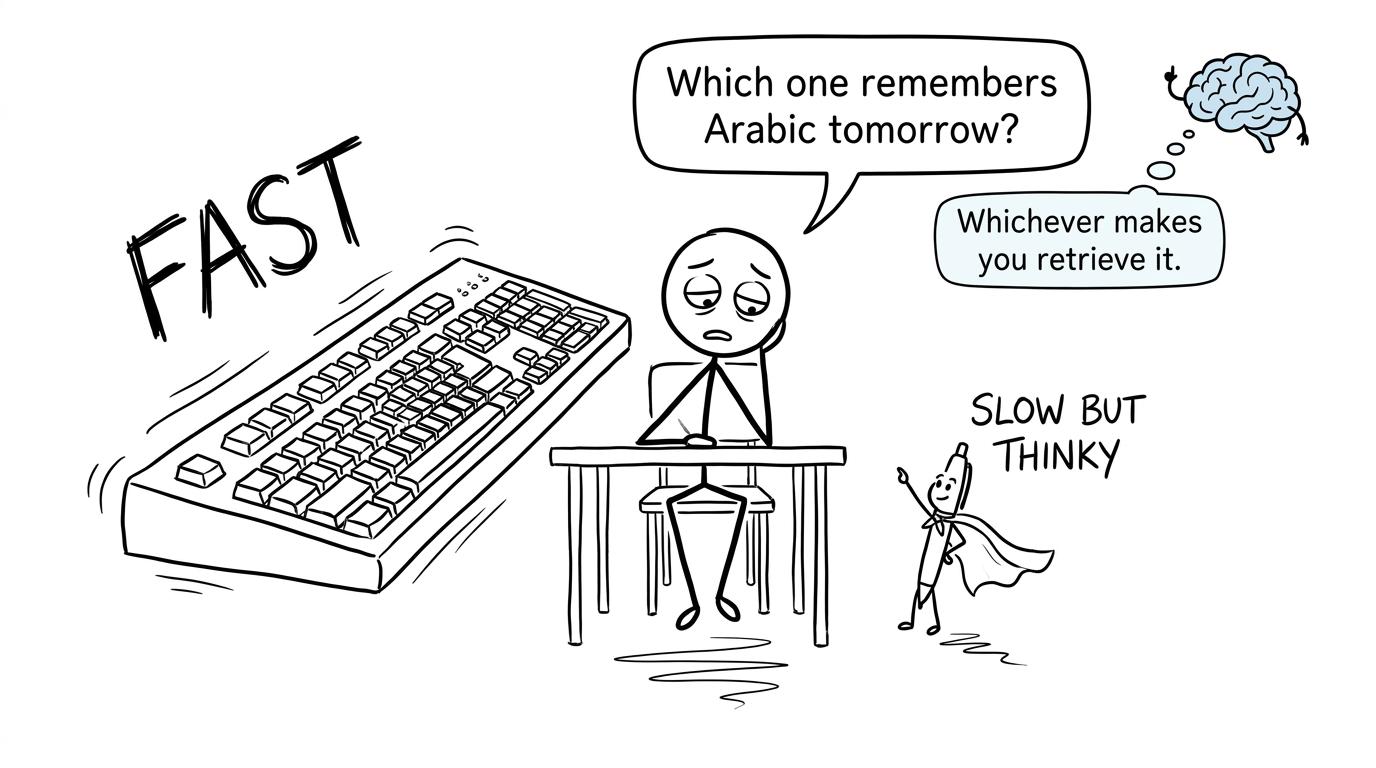 A student choosing between a fast keyboard and a thoughtful pen while a tiny brain recommends retrieval