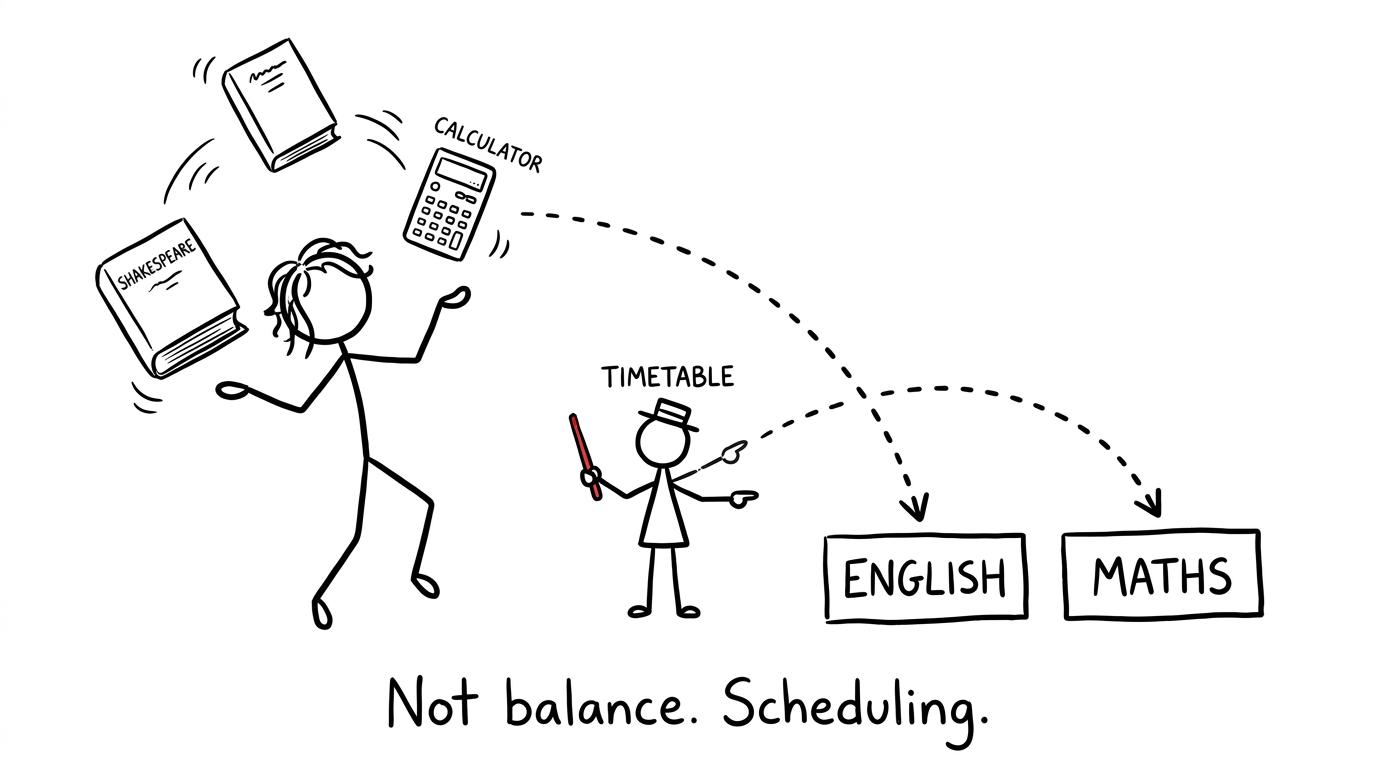 A timetable safely lands a Shakespeare book and calculator on separate revision runways