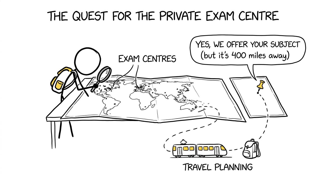 A student searches the exam-centre map for the one pin offering the right subject