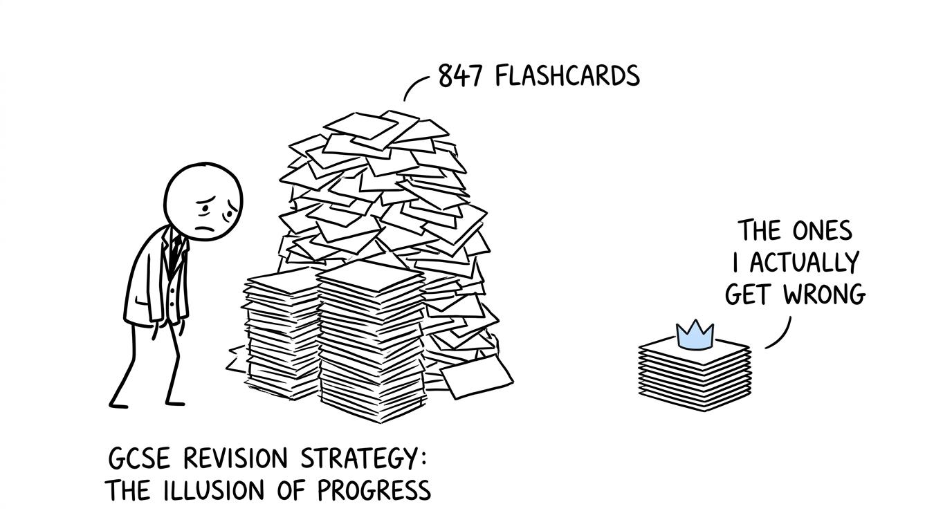 A student choosing a useful little flashcard stack instead of an enormous pile