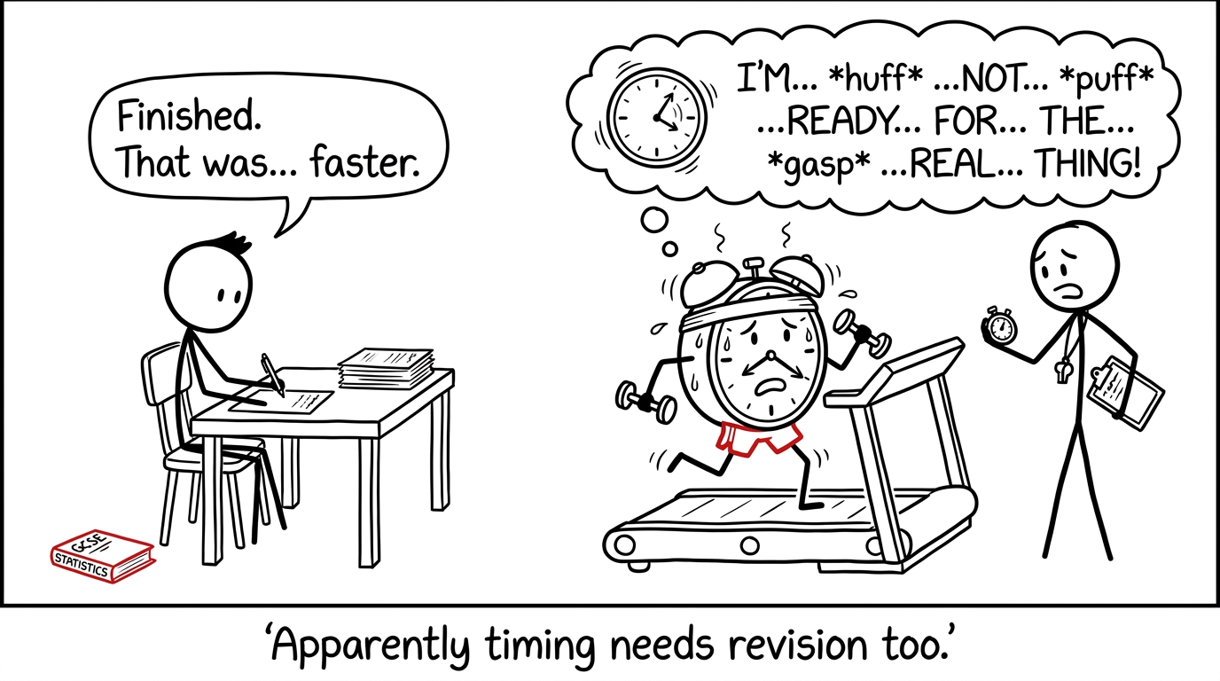A student and an exhausted alarm clock practising timed examination papers
