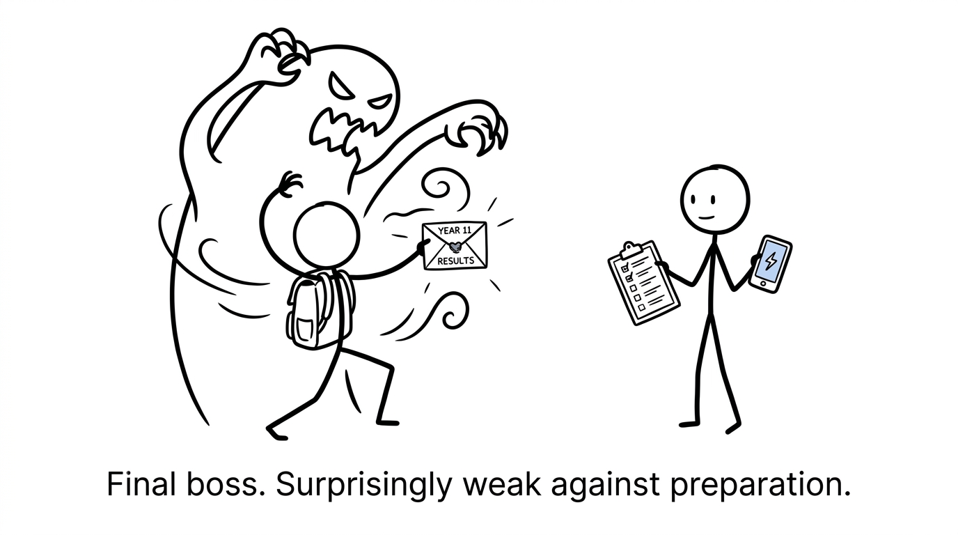 A student discovers that the results-day final boss is vulnerable to preparation