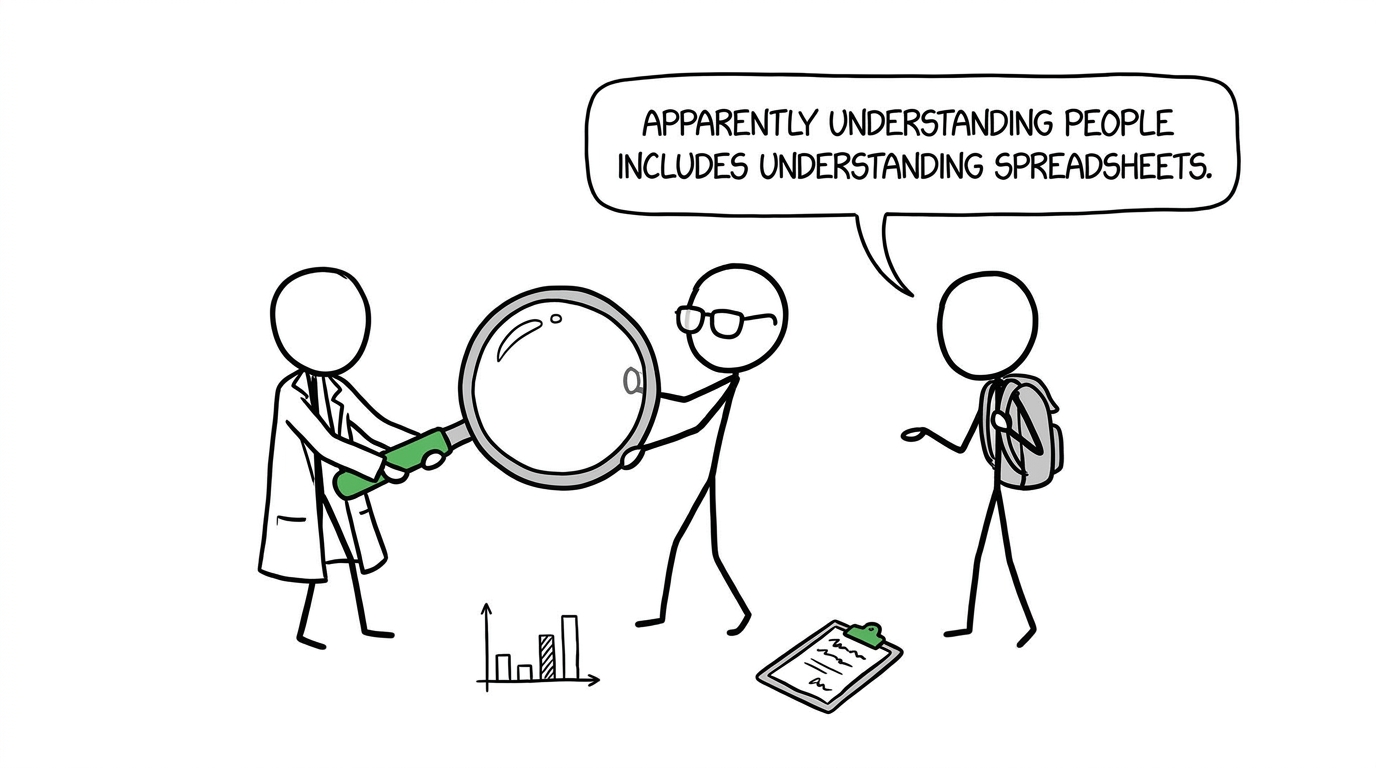 A psychologist and data analyst share an oversized magnifying glass