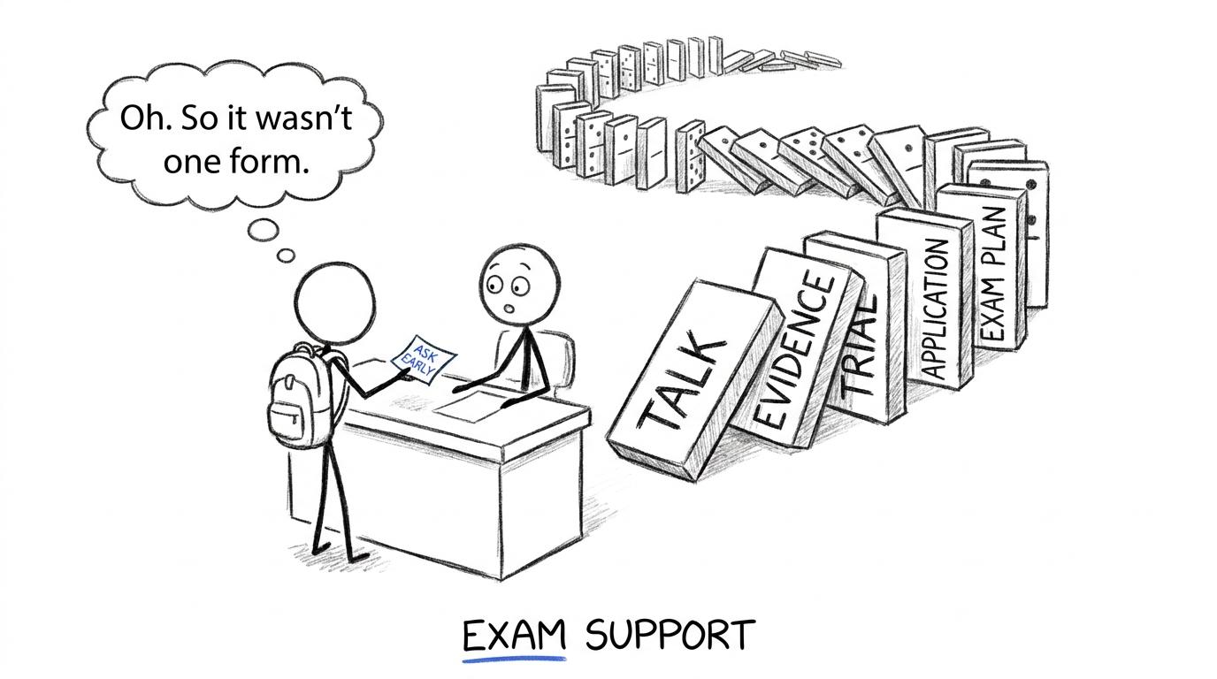A student discovers that requesting exam support involves a calm sequence rather than one mysterious form