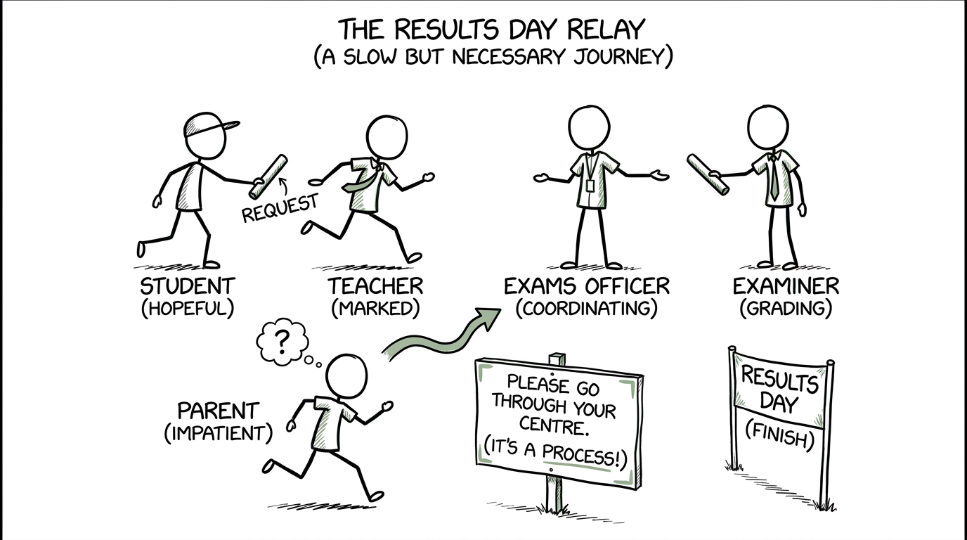 A results review request passed between student, teacher, exams officer and examiner like a relay baton