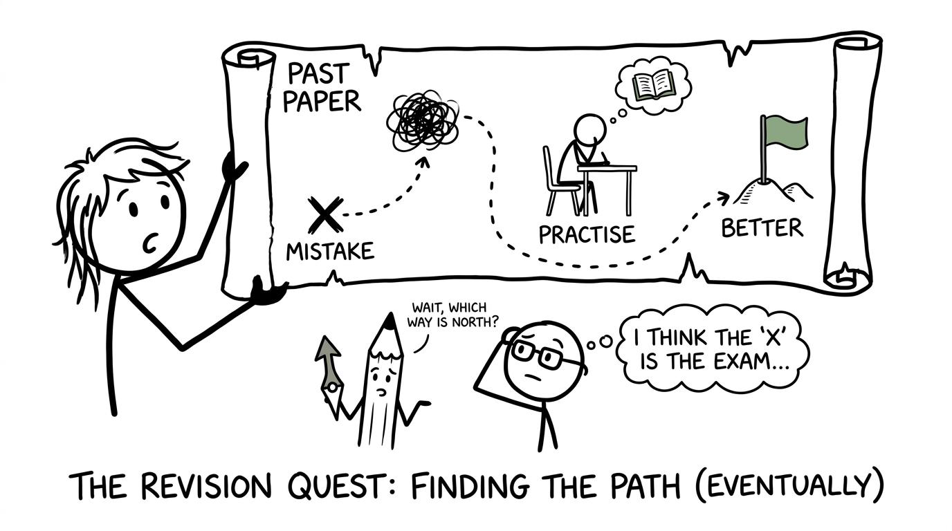 A past paper drawn as a treasure map leading from mistakes through practice to improvement