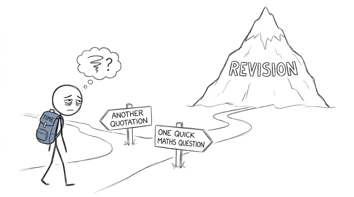 A GCSE student choosing between another quotation and a quick maths question, with both paths leading towards the revision mountain