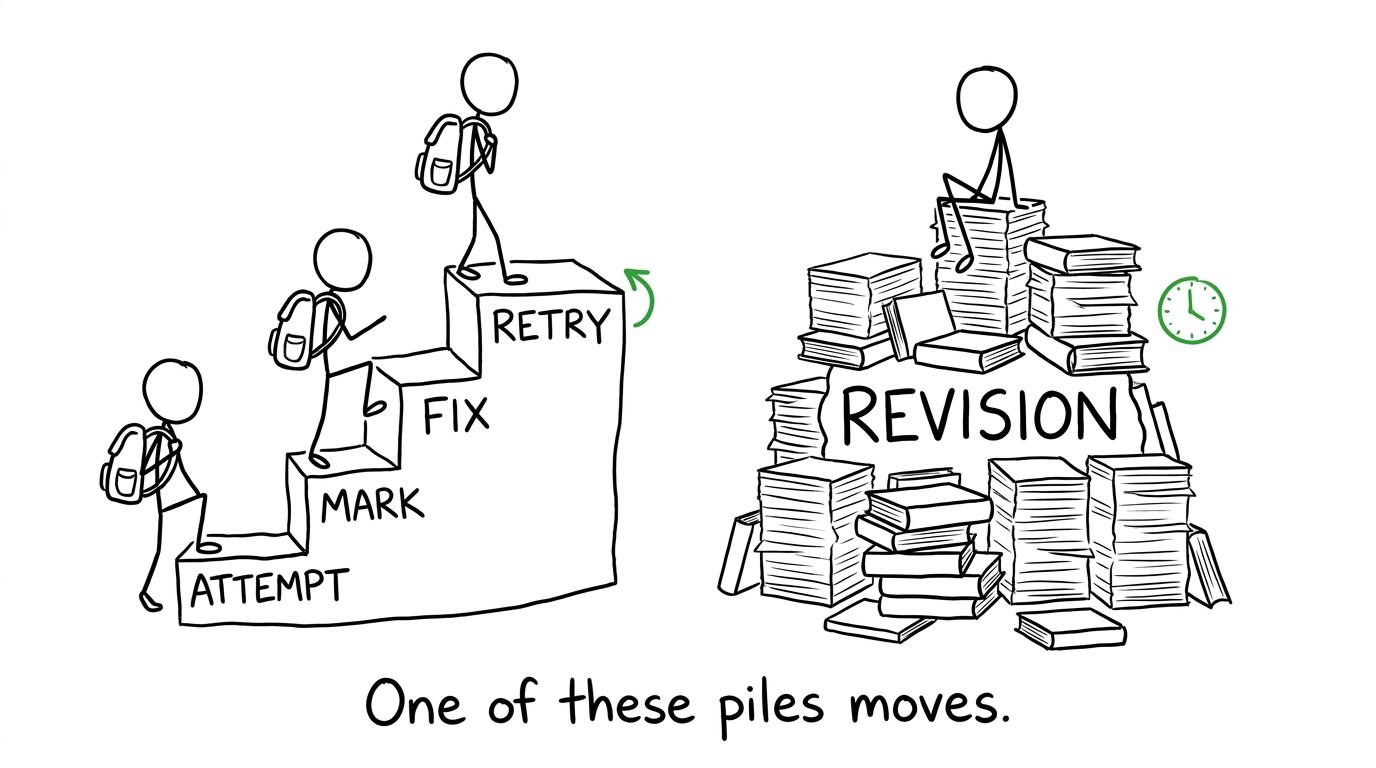 A student improves by climbing the attempt, mark, fix and retry loop