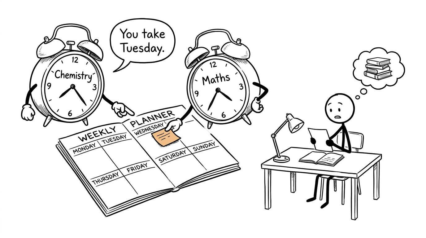 Two clocks labelled Chemistry and Maths negotiate over a student's weekly revision planner