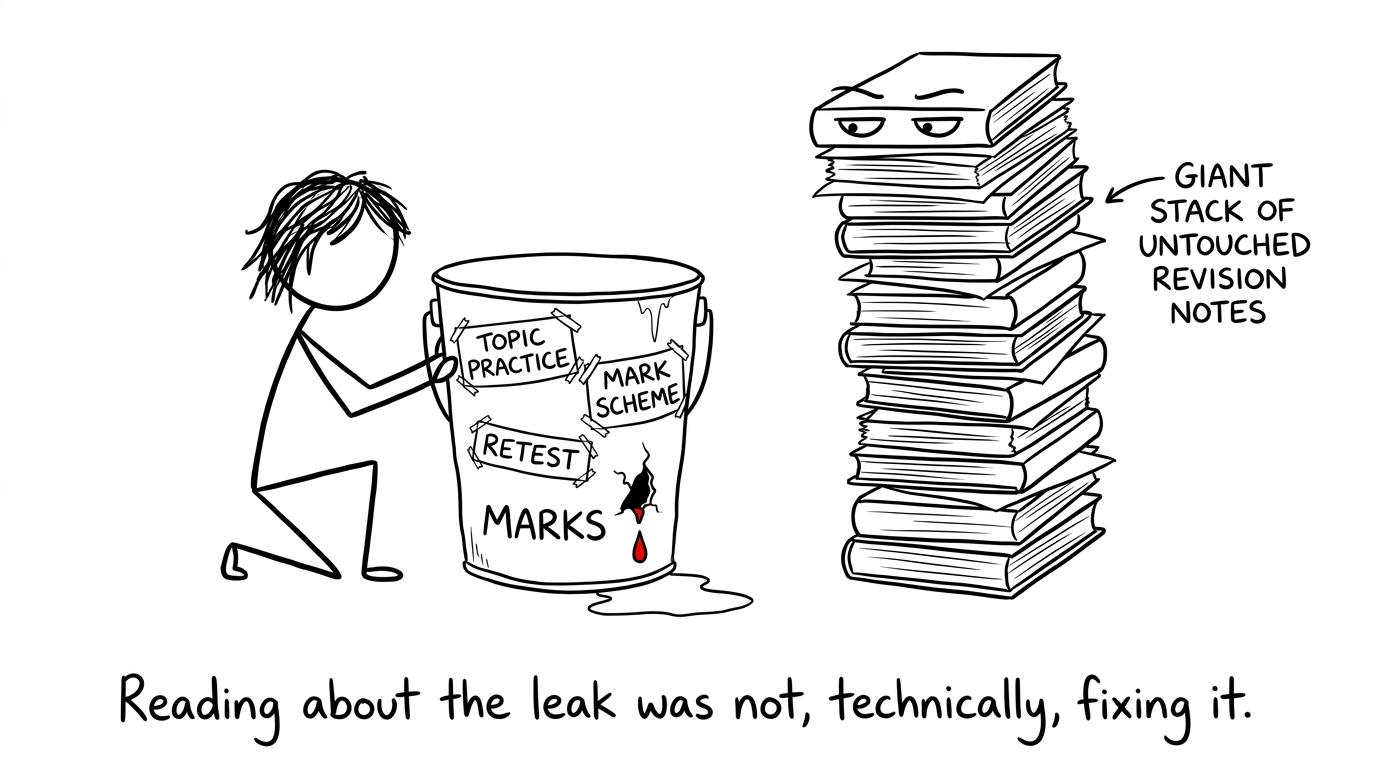 A student repairing a bucket of leaking marks