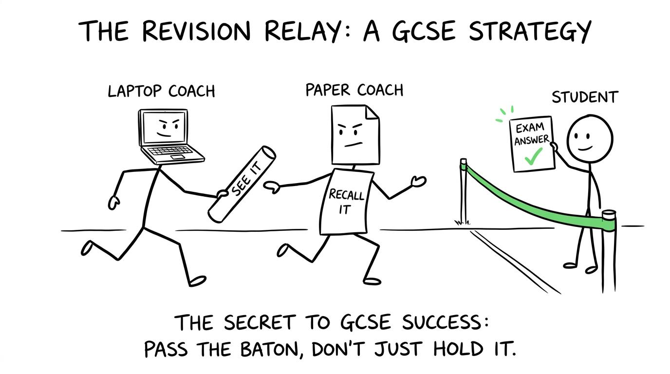 A laptop and paper passing the revision baton from seeing to recalling