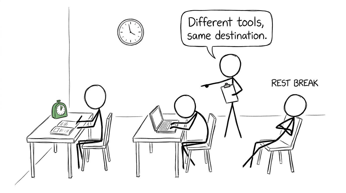 Students using different approved exam tools while an invigilator notes that the destination is the same