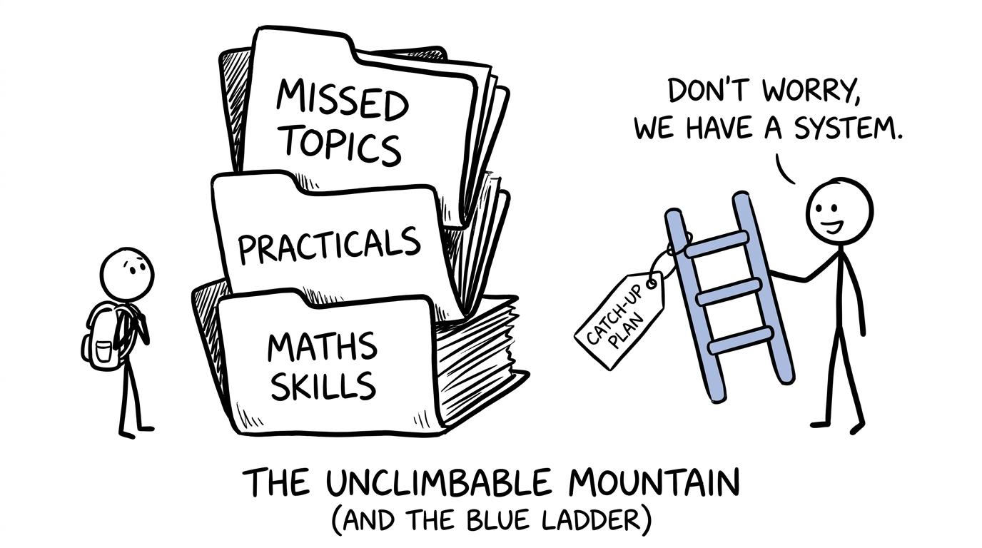 A teacher offers a catch-up ladder beside a pile of missed Chemistry folders