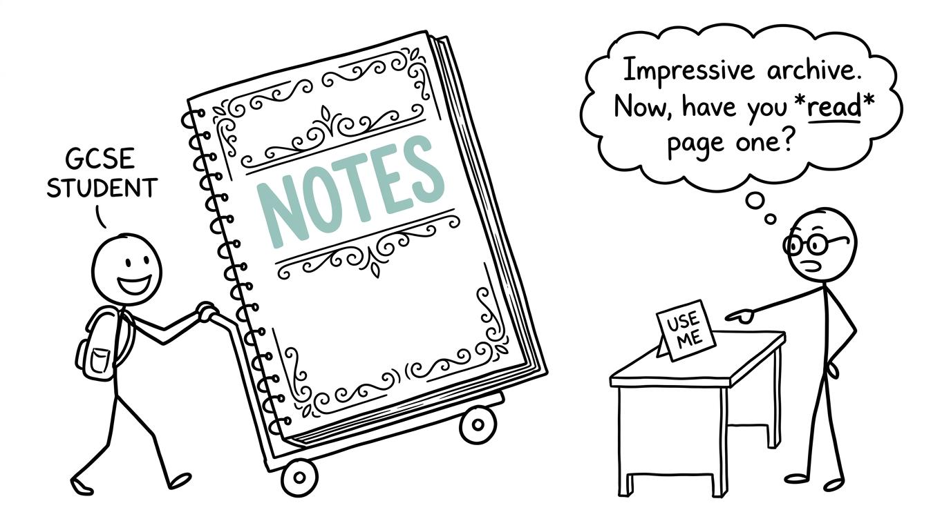 A student brings an enormous decorative notebook while a small useful flashcard waits beside the revision desk