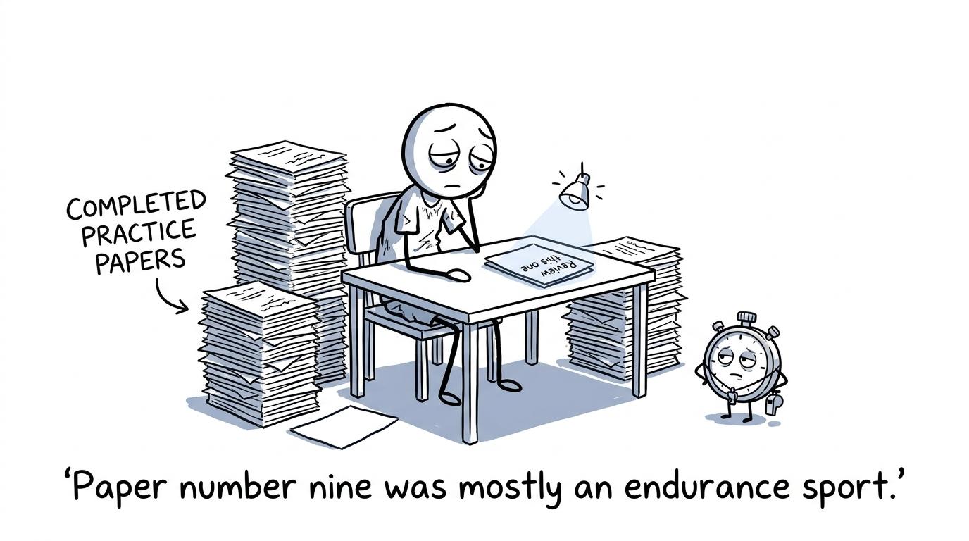 A student surrounded by too many completed papers notices that reviewing one may be more useful
