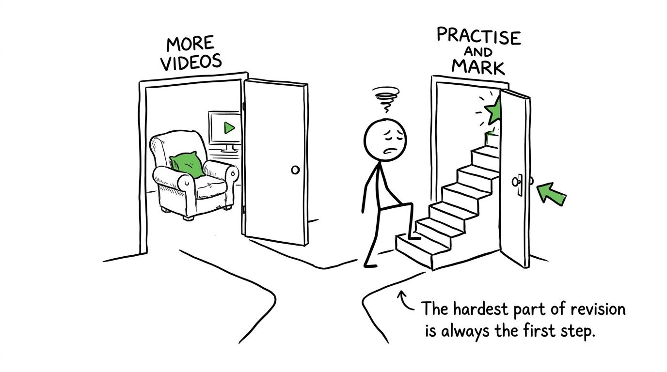 A student chooses active practice instead of watching more videos