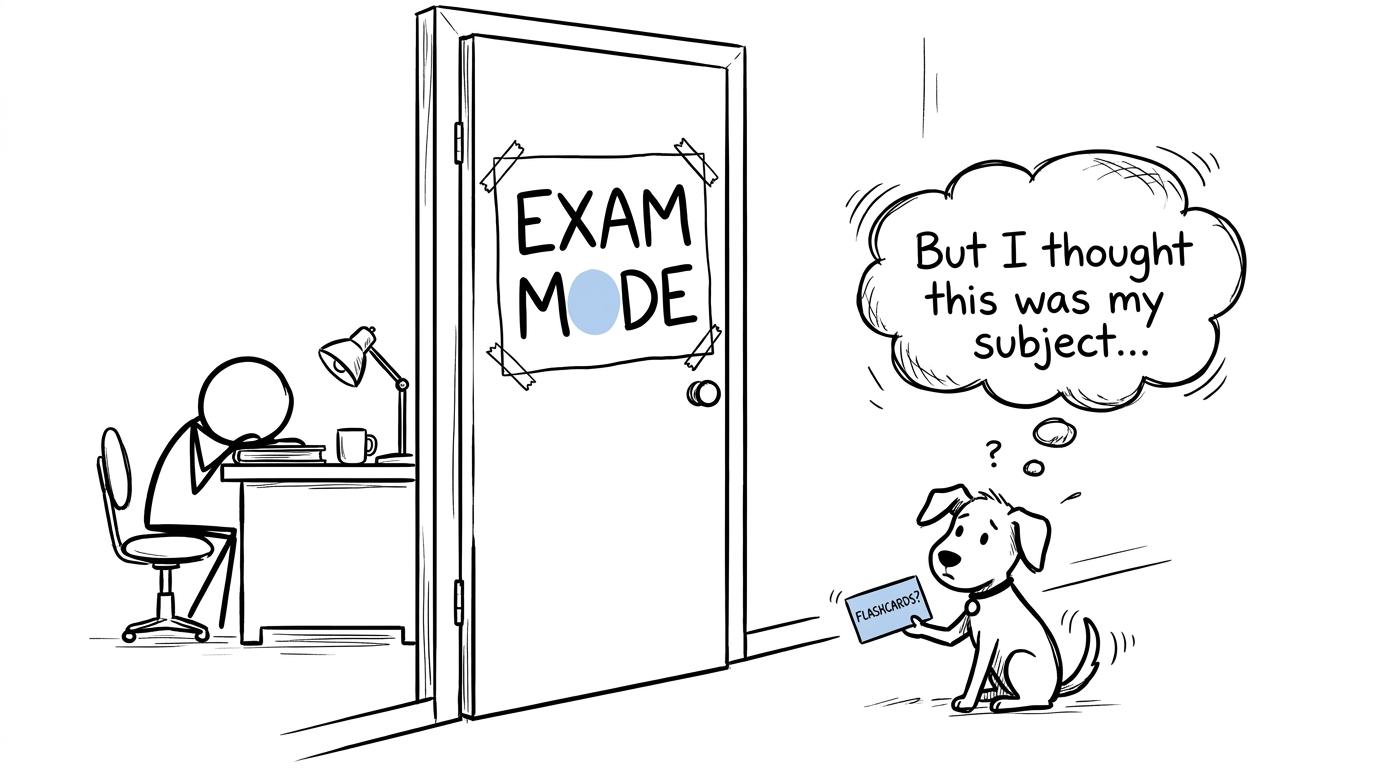 A student creates exam mode while a patient pet waits outside