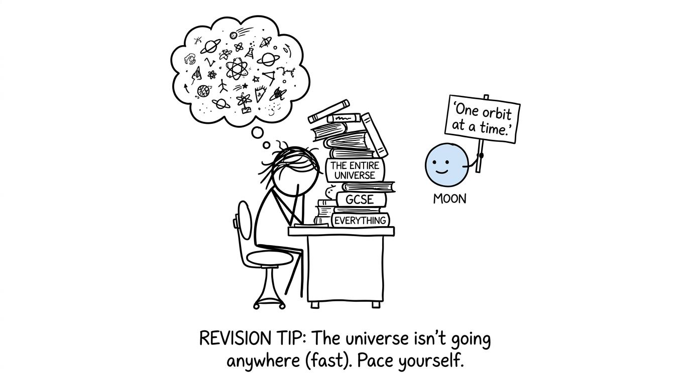 A tired student is reminded to take revision one orbit at a time