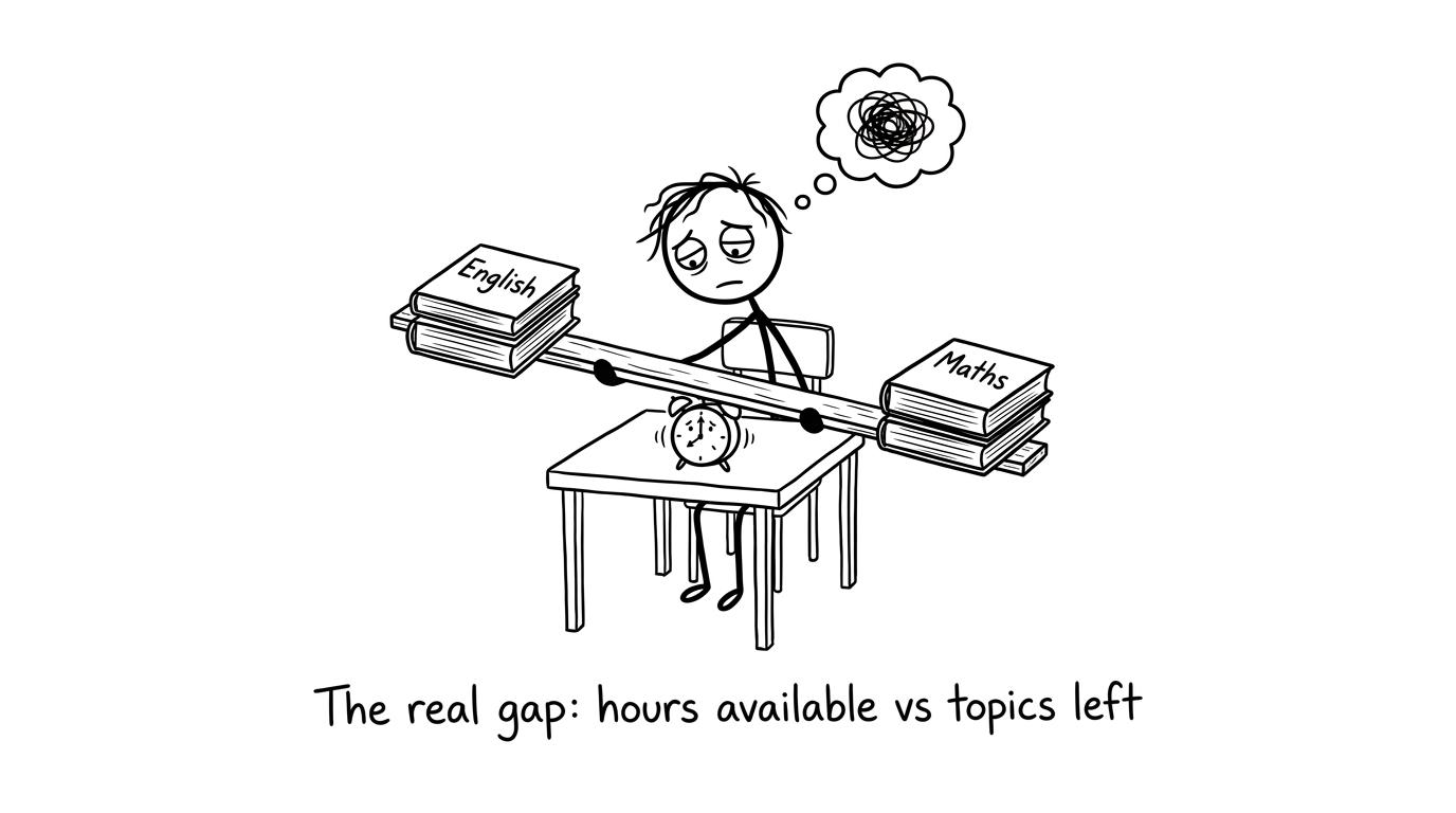 A student balancing English and maths revision on a seesaw