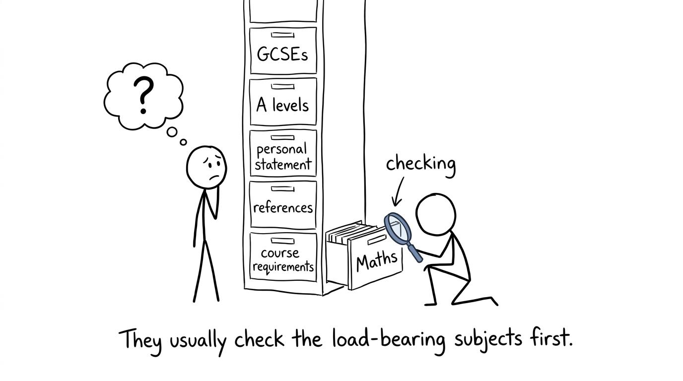 A student discovers that admissions teams check the load-bearing subjects first