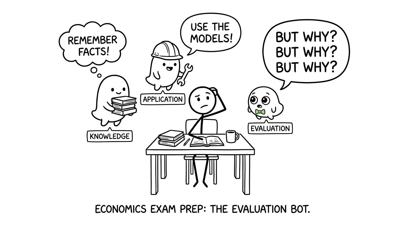 Knowledge application and evaluation prepare for an economics exam
