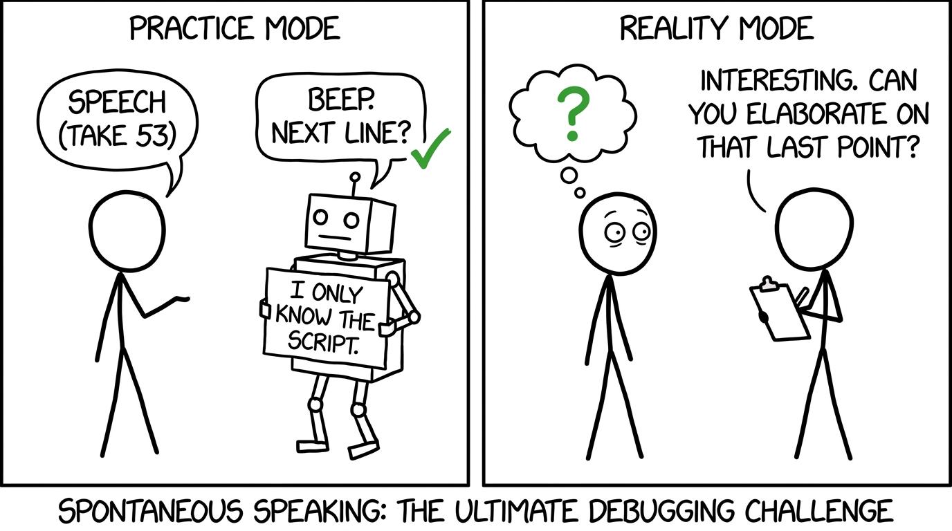 A cardboard robot is excellent at scripts but less helpful with follow-up questions