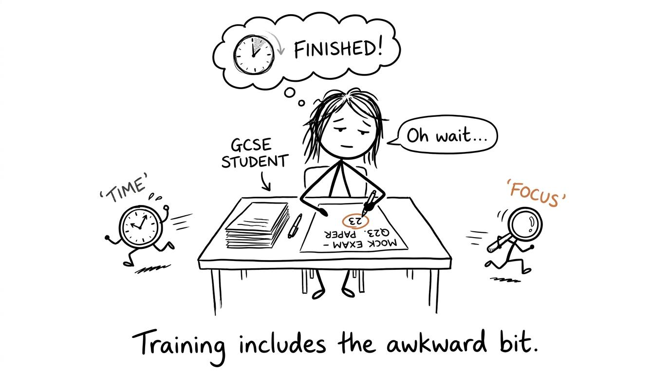 A student calmly continues while Time and Focus run in opposite directions