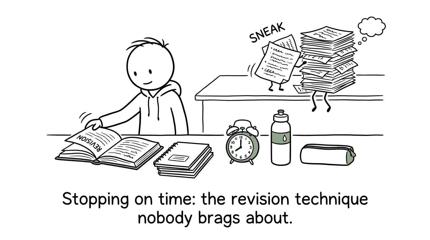 A student ends revision on time while an enormous pile of notes tries to return