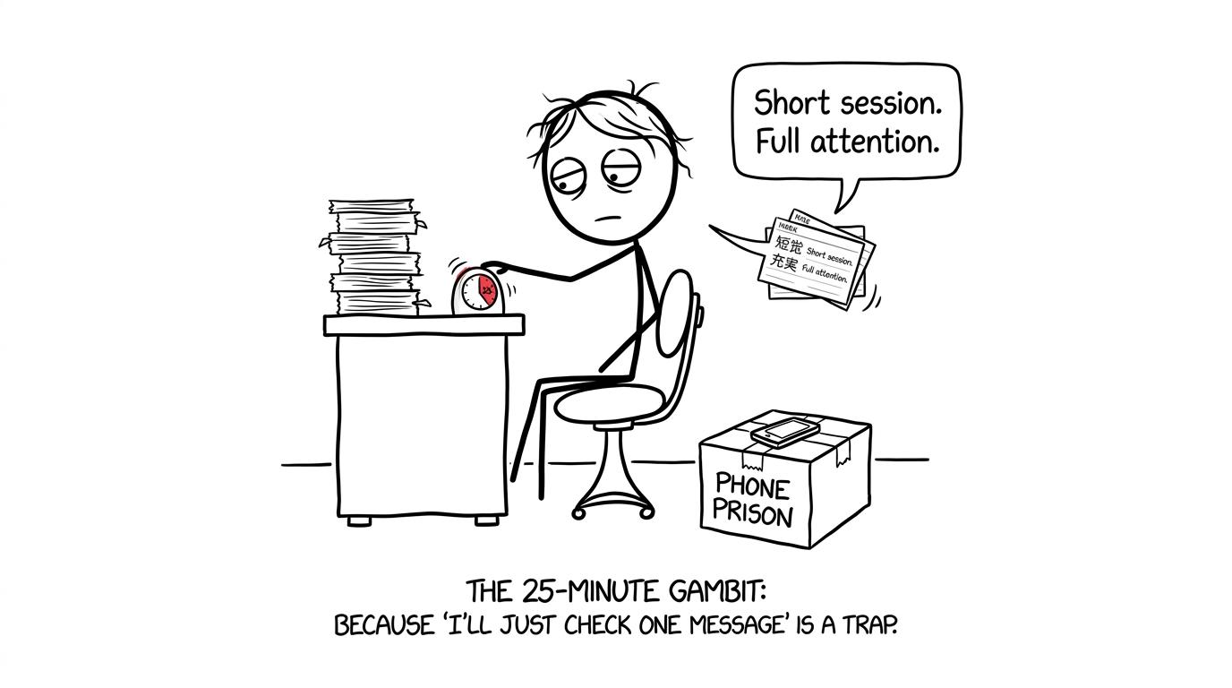 A GCSE student begins a focused revision session while flashcards encourage them and a phone waits in a tiny phone prison