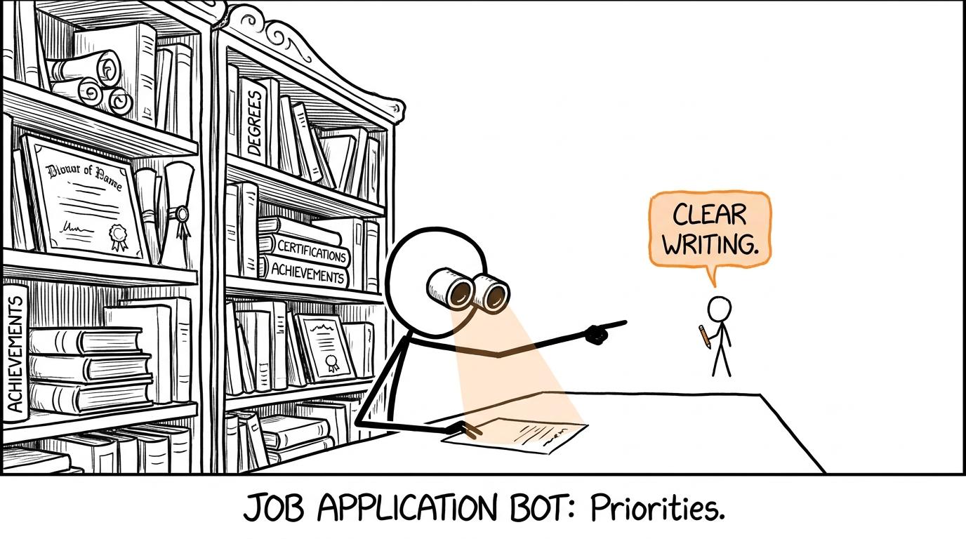 A job application robot becomes more interested in clear writing than a decorative bookshelf