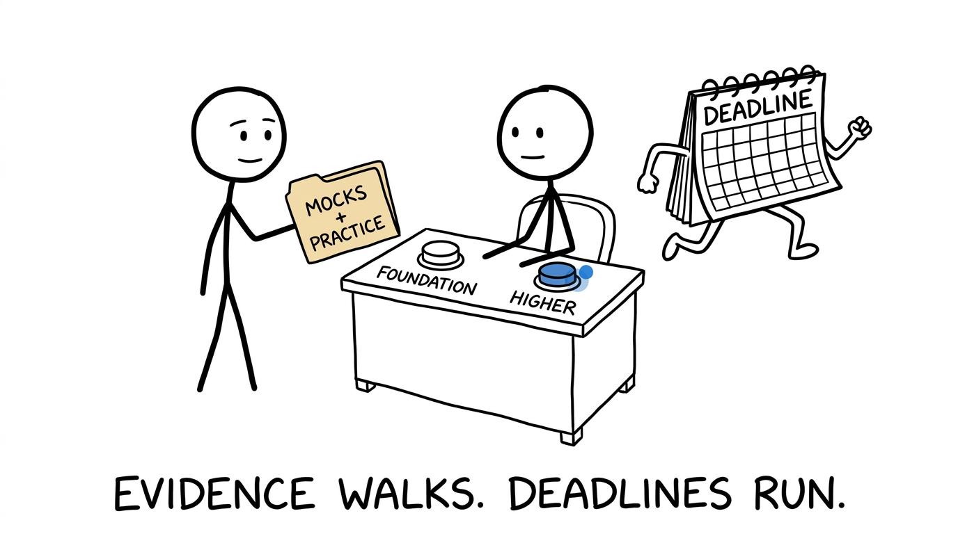 A student presenting mock evidence while the deadline calendar runs away