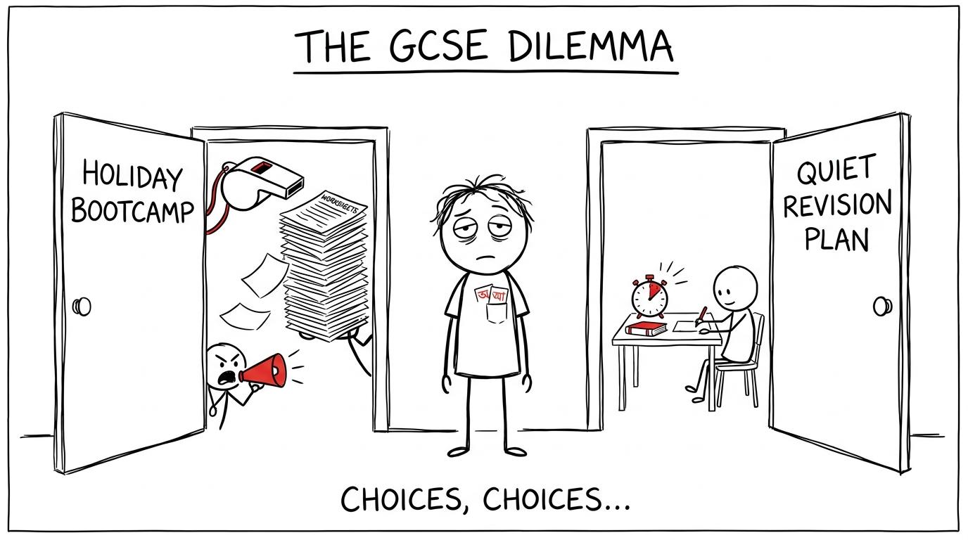 A student choosing between a holiday bootcamp and a quiet revision plan