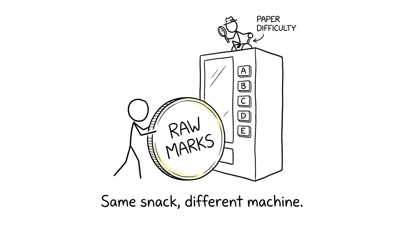 Results-day grade machine reacting to raw marks and paper difficulty