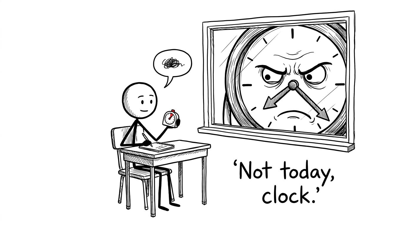 A calm student stops a dramatic exam clock from causing panic