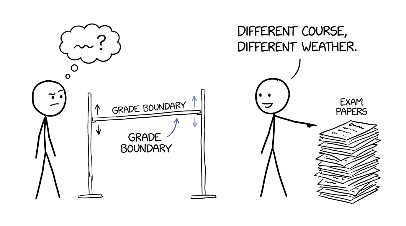 A student faces a moving grade-boundary high-jump bar