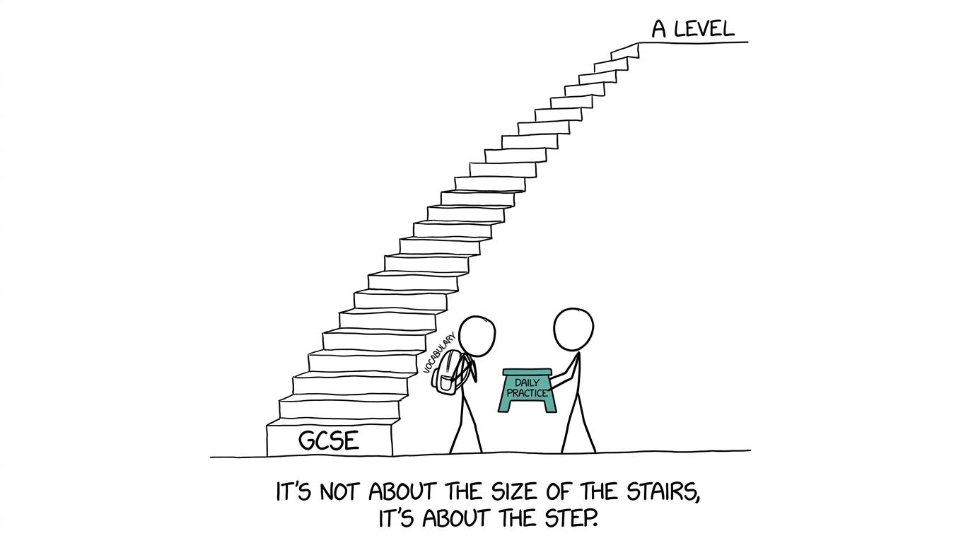 A student facing the staircase from GCSE to A level with daily practice making the climb manageable