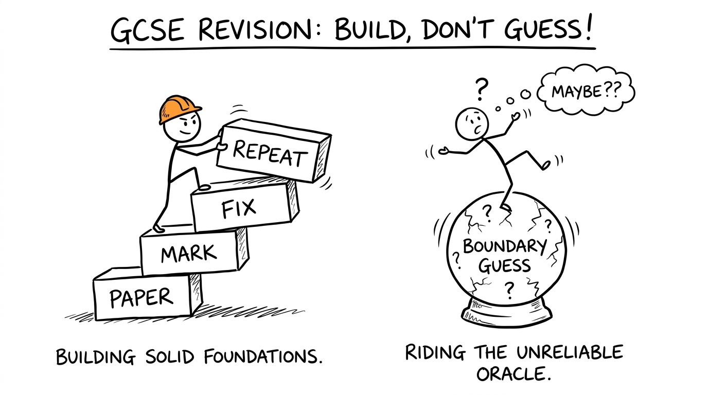 A student climbing a revision staircase while another tries to ride an unreliable grade-boundary crystal ball