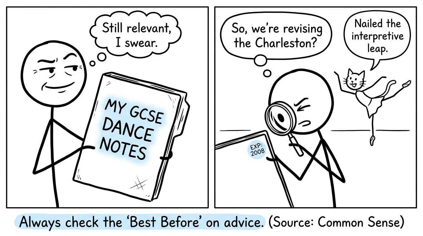 An older sibling presents dusty GCSE Dance notes while the younger student checks whether they have expired