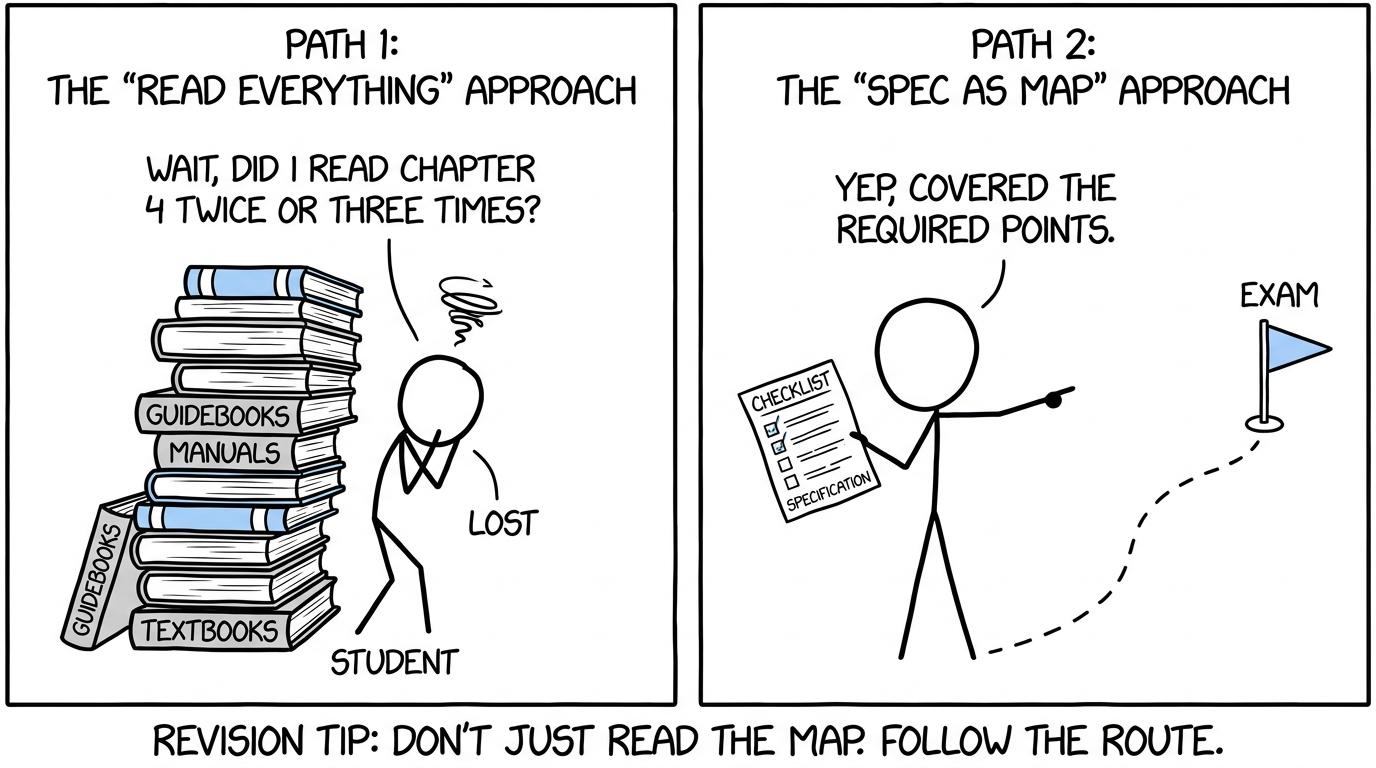 One student follows a checklist while another gets lost beneath revision books
