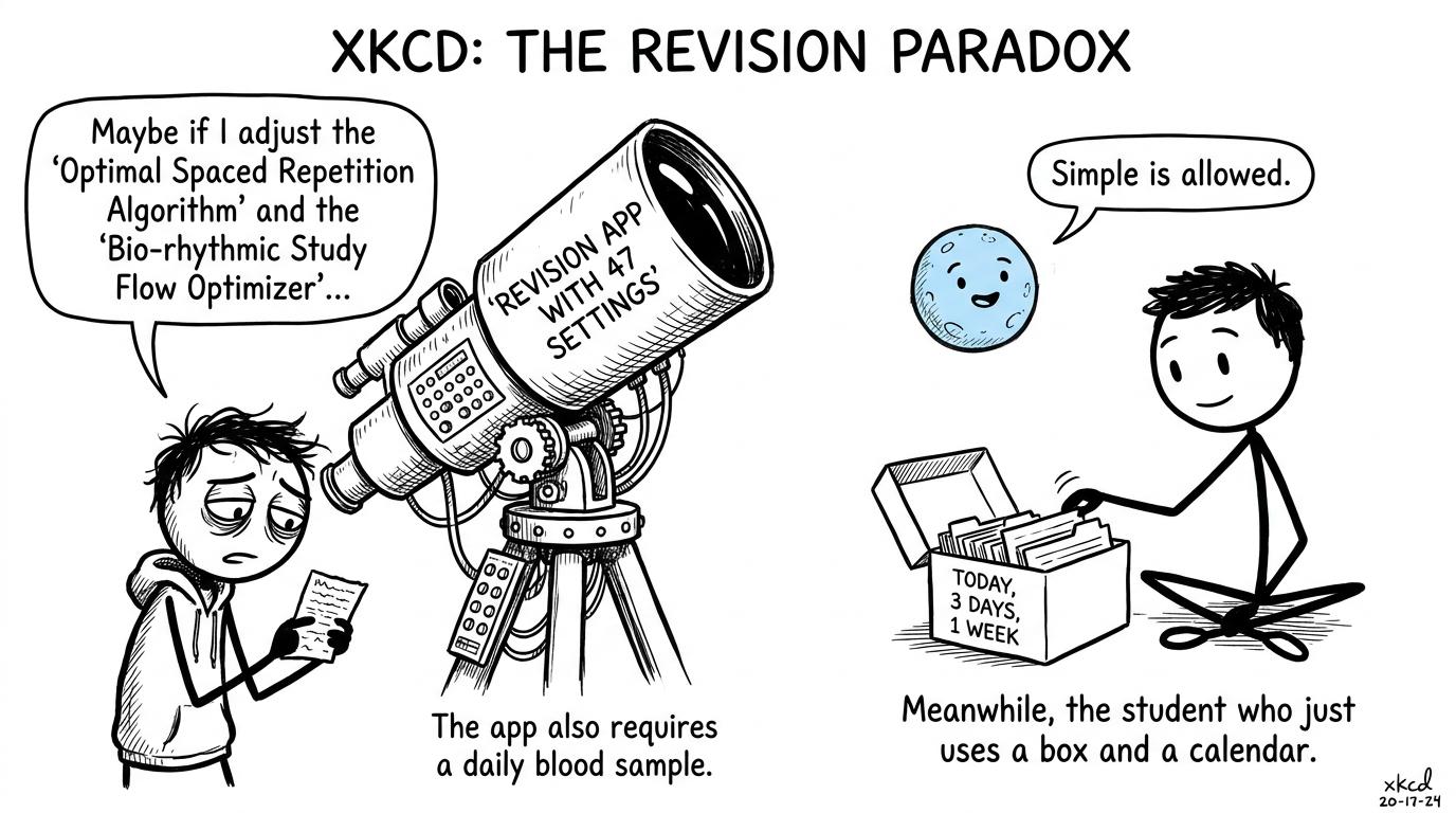 A student choosing simple paper flashcards over an enormous revision app