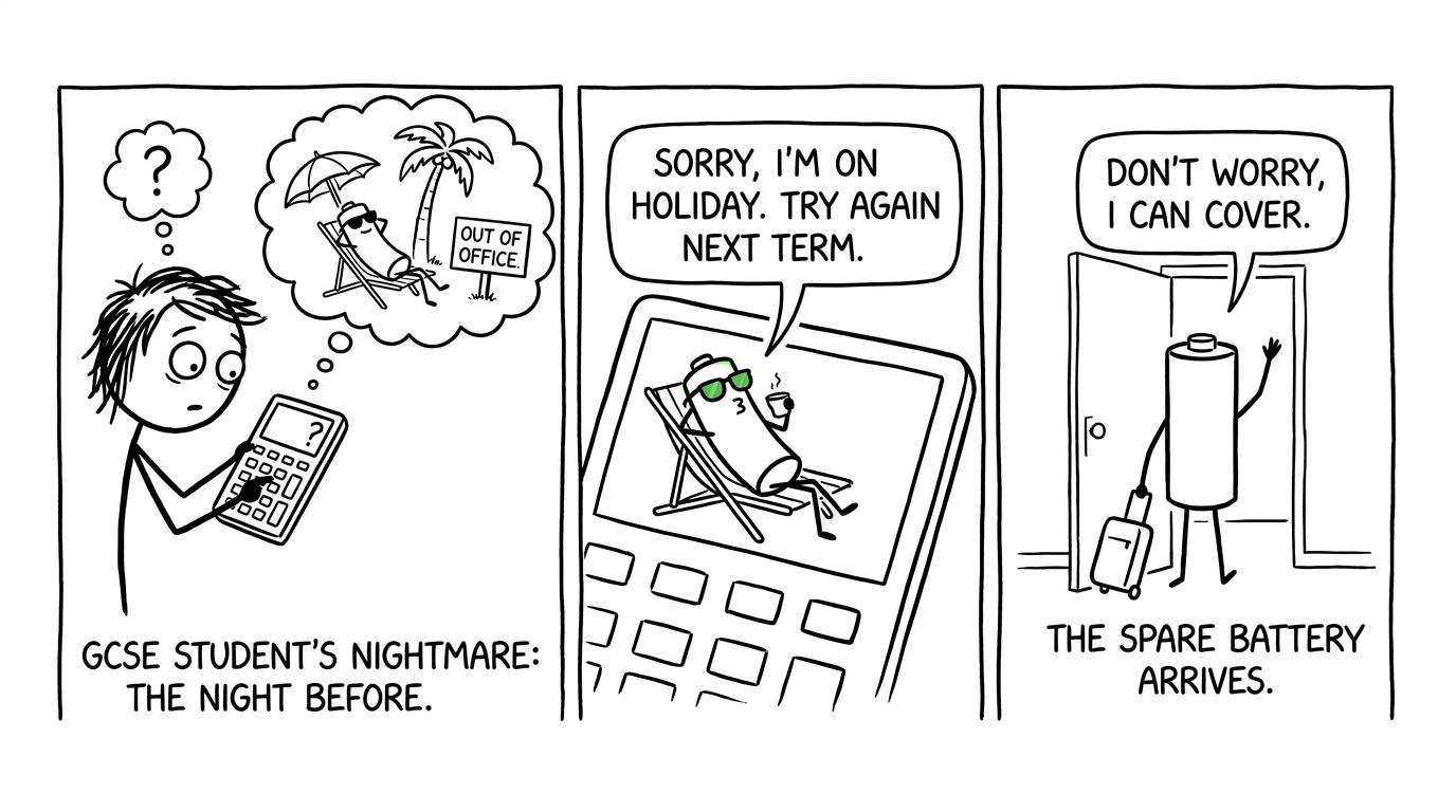 A calculator battery chooses an inconvenient moment to take a holiday