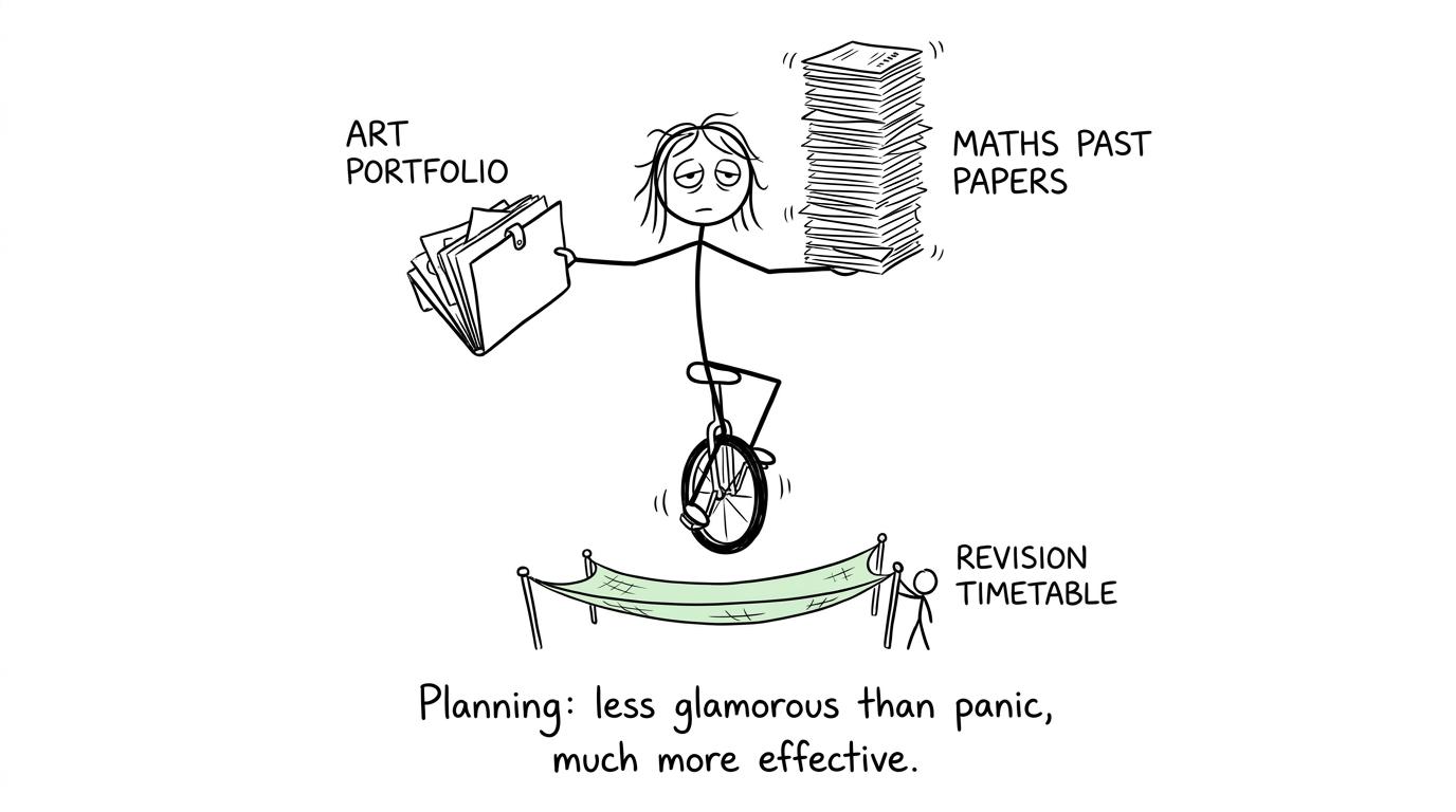 A student balancing an art portfolio and maths papers above a revision timetable