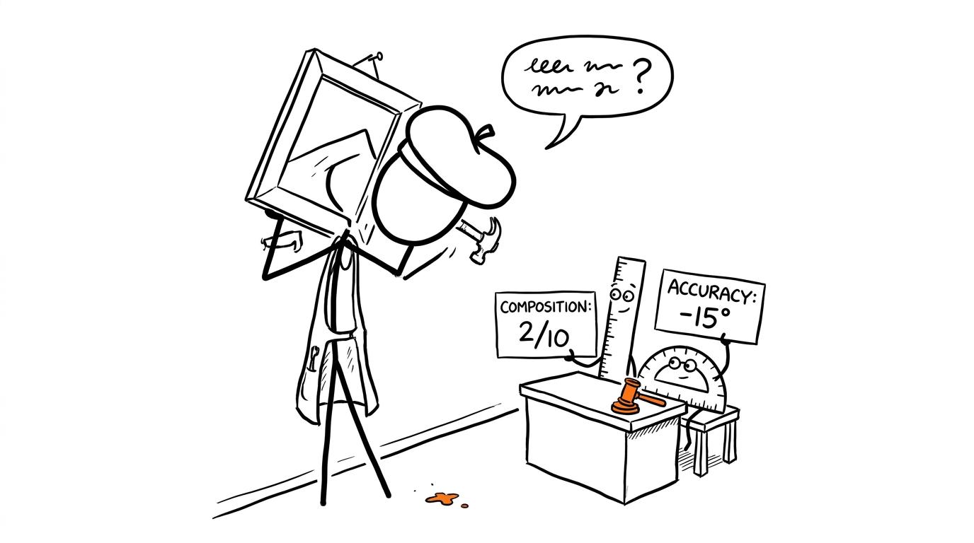 A ruler and protractor judge a deliberately crooked art frame