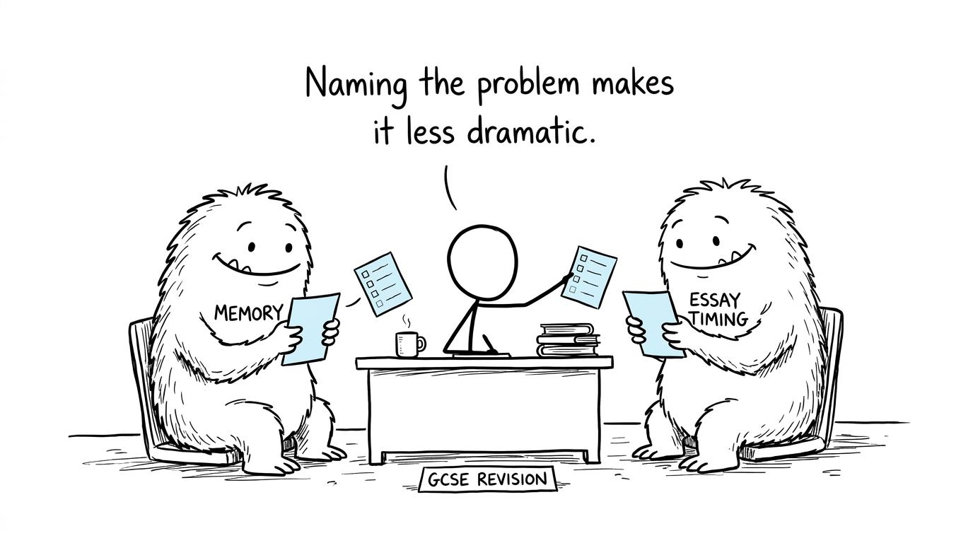A student calmly confronting the revision monsters called memory and essay timing