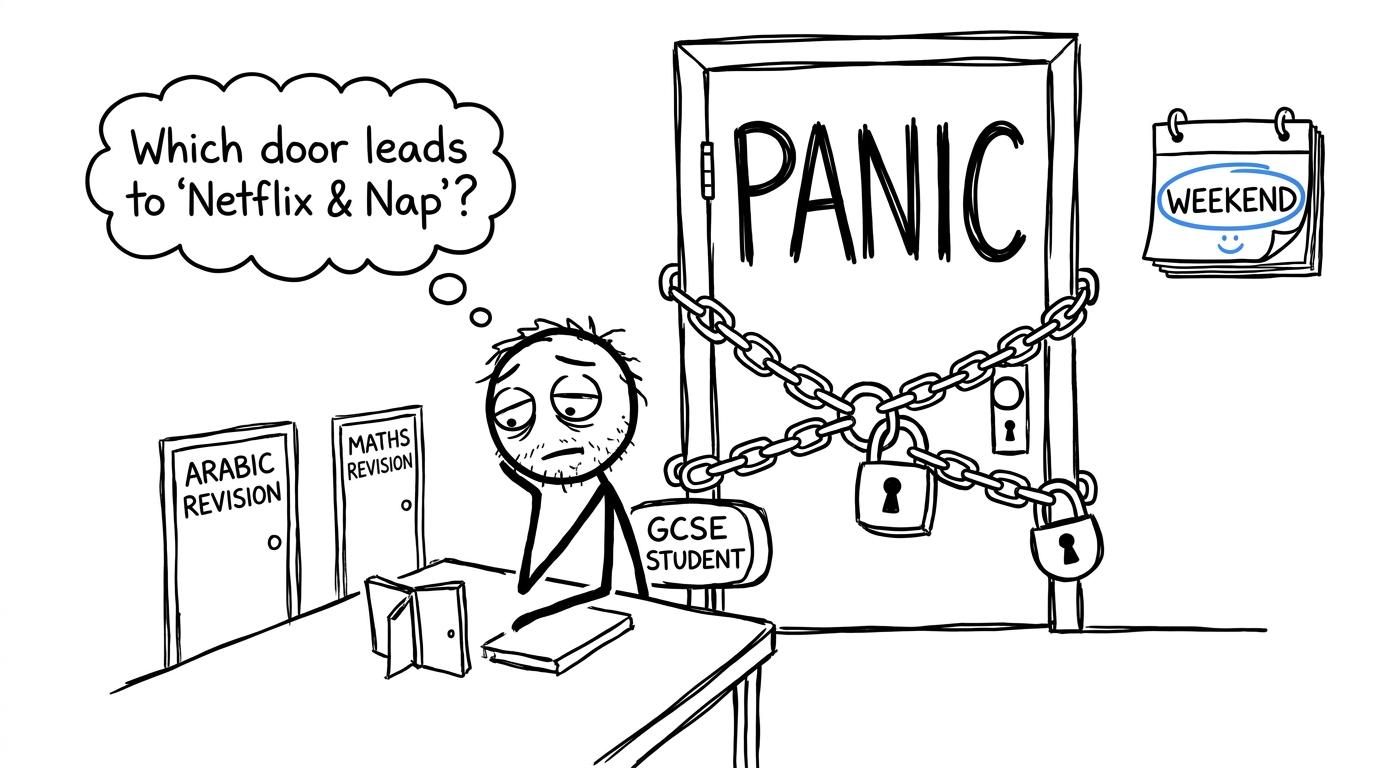 A GCSE student choosing calm Arabic and maths revision instead of panic